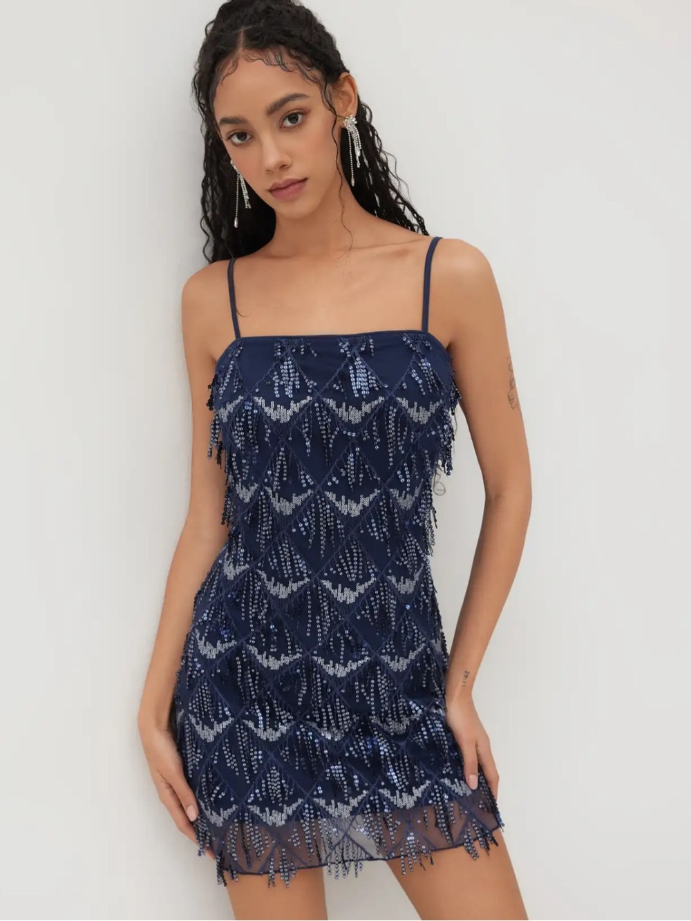 Cider Navy Sequins Square Neck Geometric Tassel Mini Dress Beaded Fringe Party M